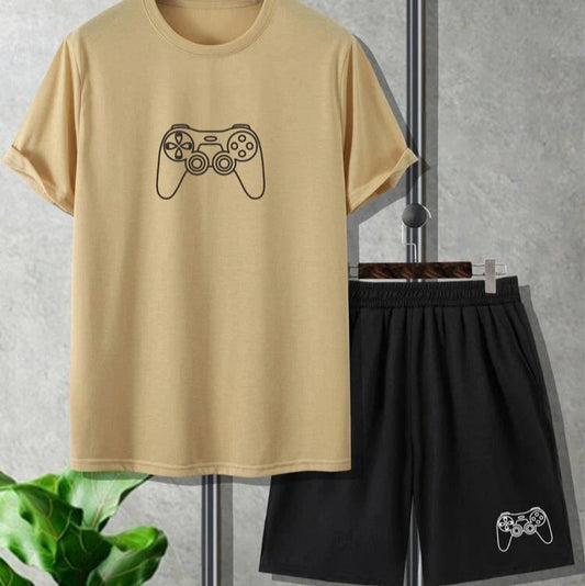 Mens Summer Shorts + T-Shirt Set - SS55 - Cream Black