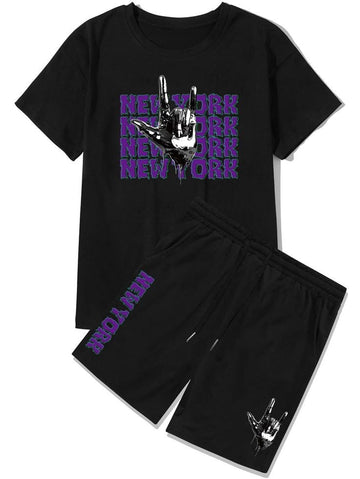 Mens Summer Shorts + T-Shirt Set - SS75 - Black Black