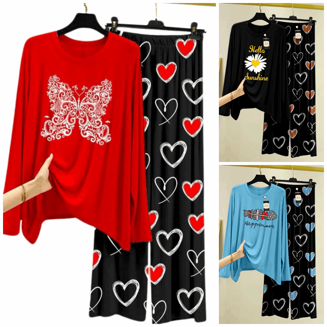 Pack of 3 Women’s Summer Loungewear Sets – Printed T-Shirts & Trousers Women's Summer Suit 893