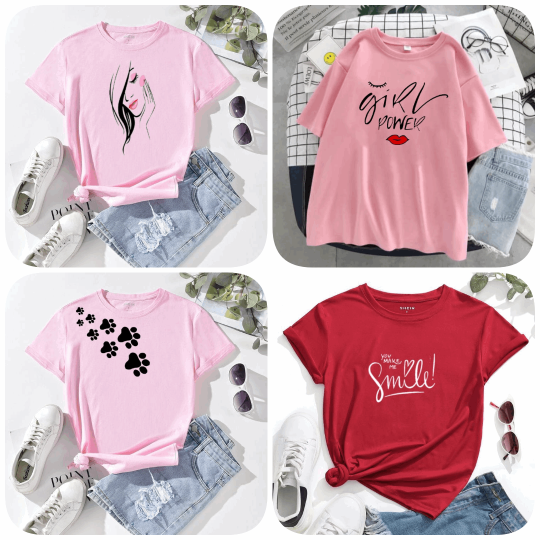 Pack of 4 Trendy Graphic Printed T-Shirts for Women – Stylish & Comfortable Summer Wear - 73663