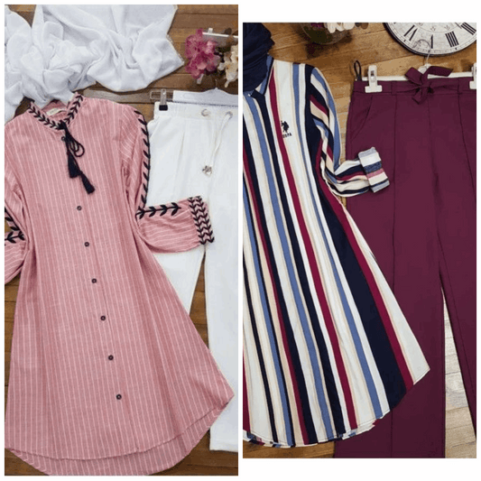 Chic Pack of 2 Women's Casual Summer Suit Set – Premium Stitched Kurti & Trousers | 50% Off Summer Sale | Item No. 986491