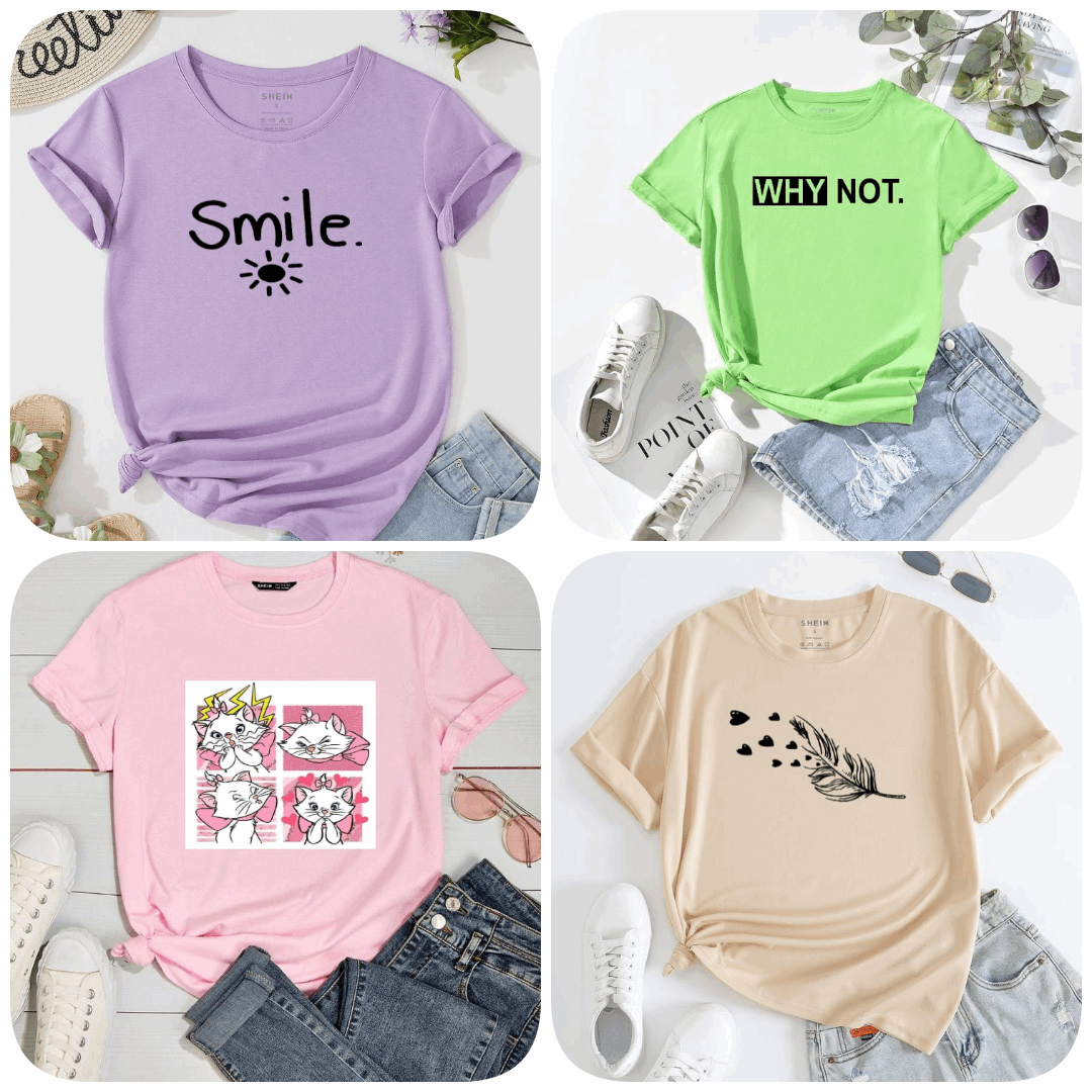 Pack of 4 Trendy Graphic Printed T-Shirts for Women – Stylish & Comfortable Summer Wear - 73657