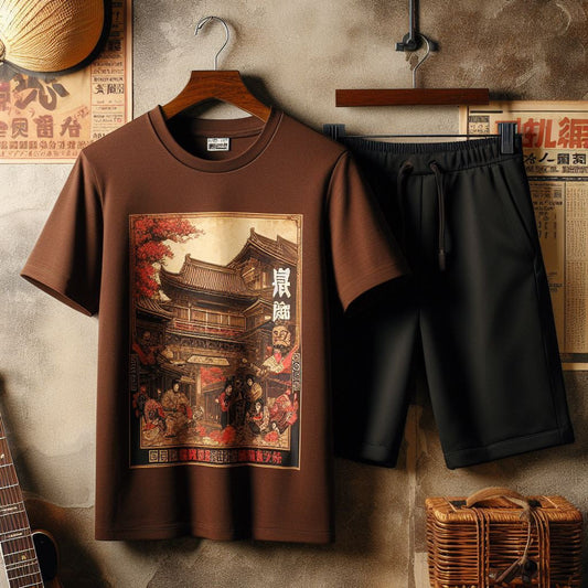 Mens Summer Shorts + T-Shirt Set - SS190 - Brown Black