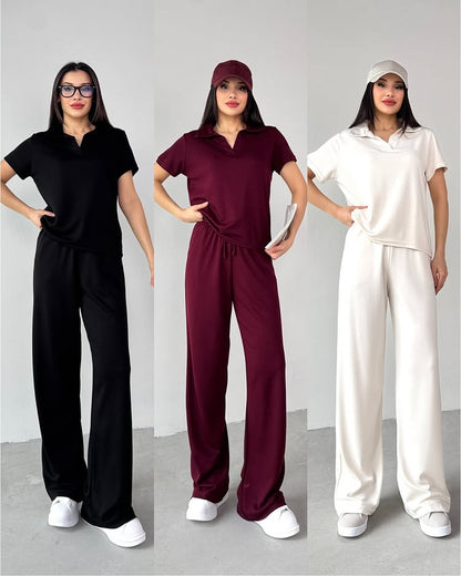 Summer Casual Women's Polo Collar Top & Trouser Set