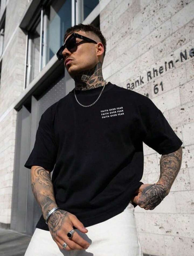 Men's Faith Over Fear Letter Printed Round Neck Drop Shoulder.