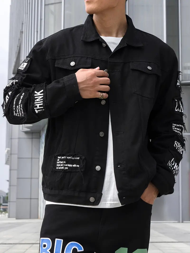 Men's Slogan Graphics Flap Pocket Denim Jacket