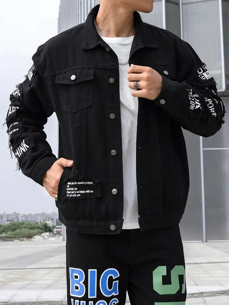 Men's Slogan Graphics Flap Pocket Denim Jacket