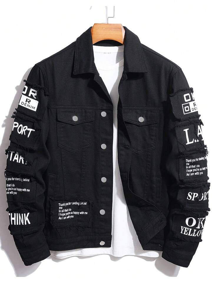 Men's Slogan Graphics Flap Pocket Denim Jacket