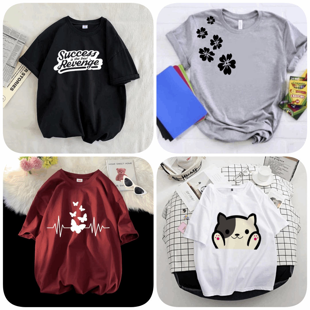 Pack of 4 Trendy Graphic Printed T-Shirts for Women – Stylish & Comfortable Summer Wear - 73647