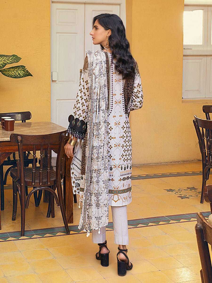 1 & Get 1 Free - Snow White  - Unstitched 3pc Digital Printed Embroidered Lawn with Chiffon Dupatta - Faustina 17622