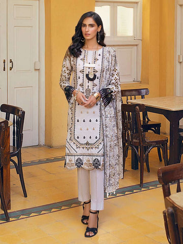 1 & Get 1 Free - Snow White - Unstitched 3pc Digital Printed Embroidered Lawn with Chiffon Dupatta - Faustina 17622