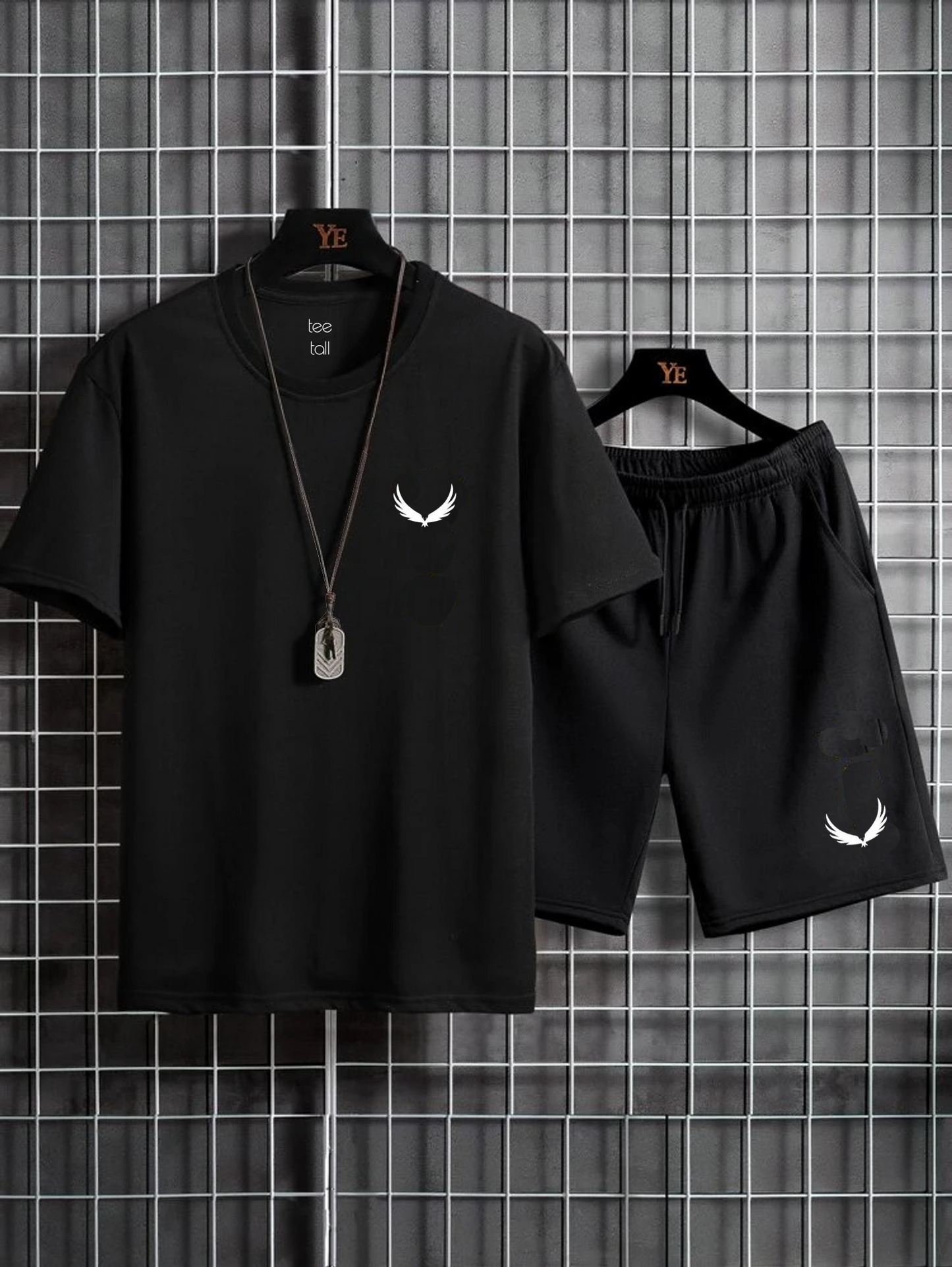 Mens Summer Shorts + T-Shirt Set - SS7 - Black Black