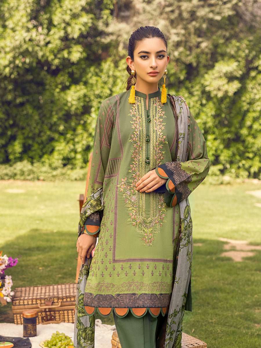 1 & Get 1 Free - Unstitched 3pc - Digital Printed Embroidered Lawn Suit With Printed Chiffon Full Zari Dupatta - Zure Article 217