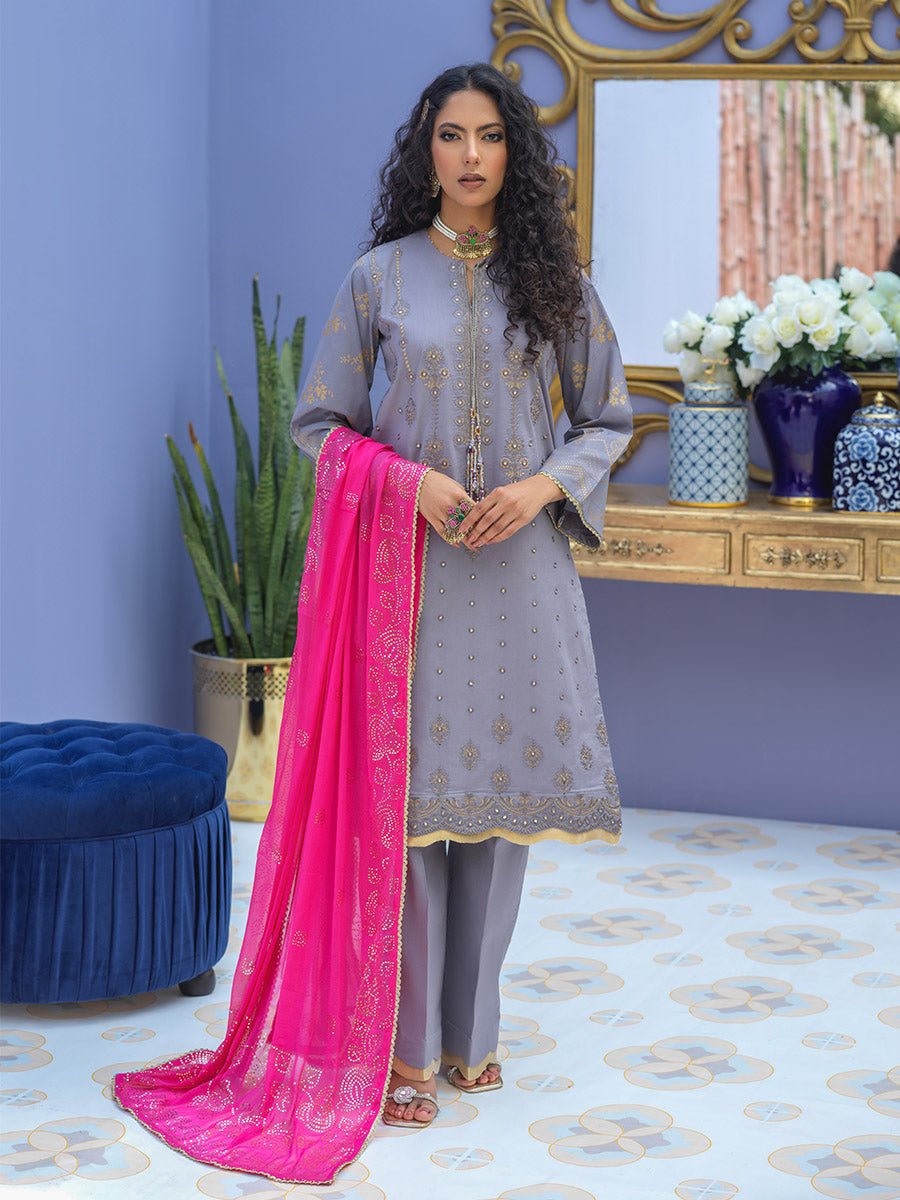 1 & Get 1 Free - Unstitched 3pc - Embroidered Lawn Suit With Mukesh Chiffon Dupatta - Oznur Vol.2 Article 302