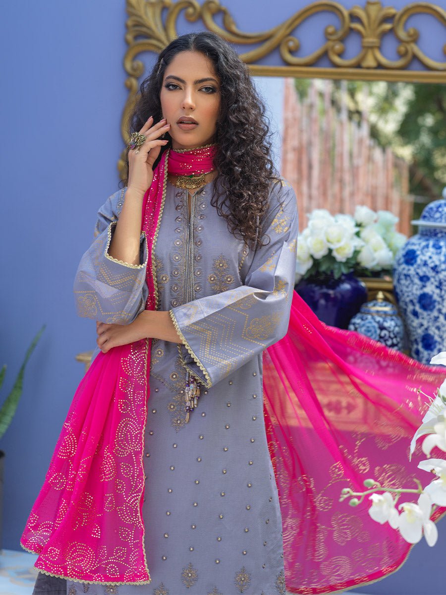 1 & Get 1 Free - Unstitched 3pc - Embroidered Lawn Suit With Mukesh Chiffon Dupatta - Oznur Vol.2 Article 302