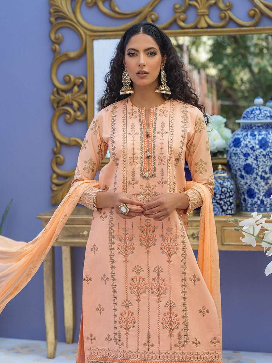 1 & Get 1 Free - Unstitched 3pc - Embroidered Lawn Suit With Mukesh Chiffon Dupatta - Oznur Vol.2 Article 303