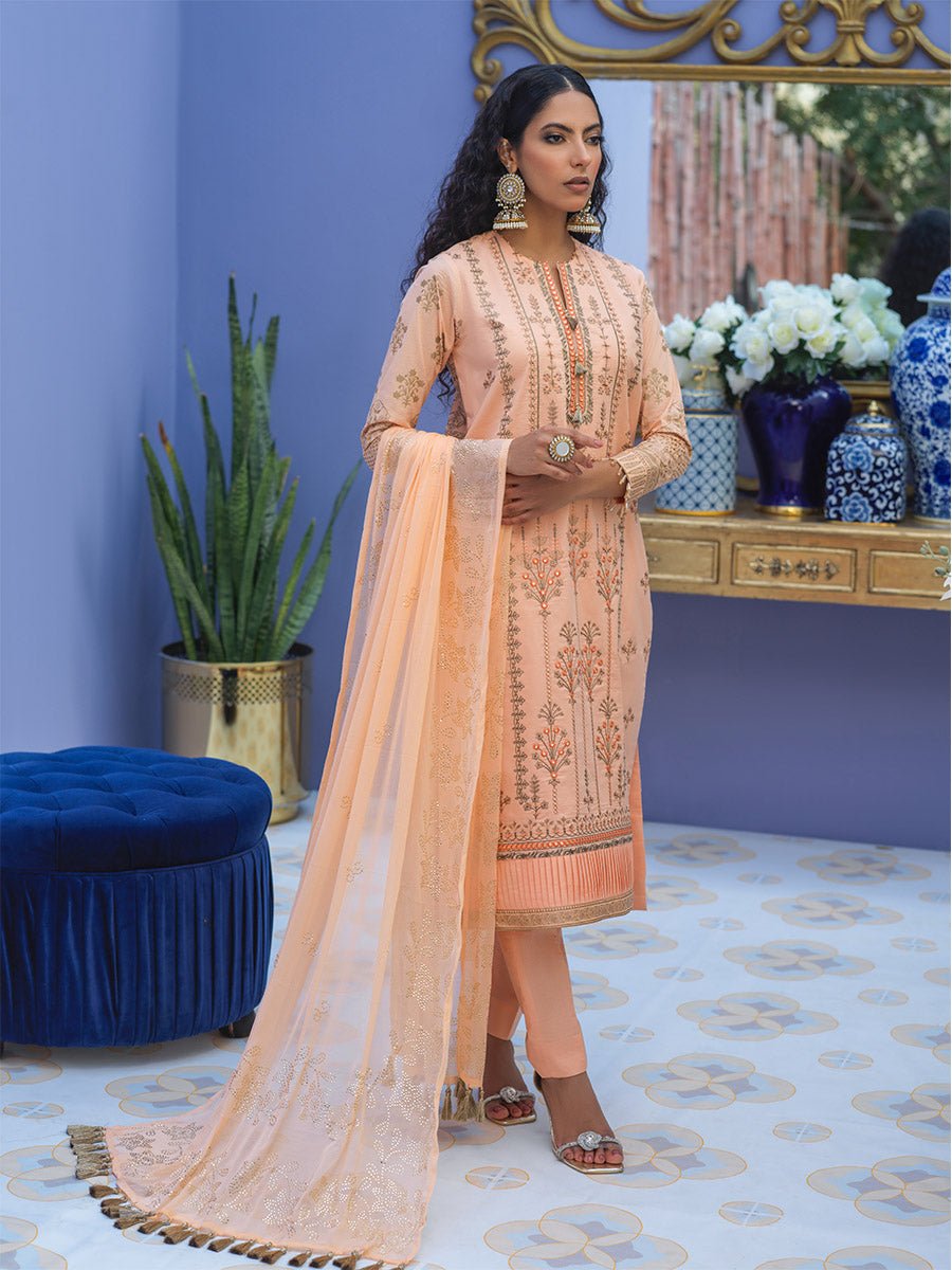 1 & Get 1 Free - Unstitched 3pc - Embroidered Lawn Suit With Mukesh Chiffon Dupatta - Oznur Vol.2 Article 303