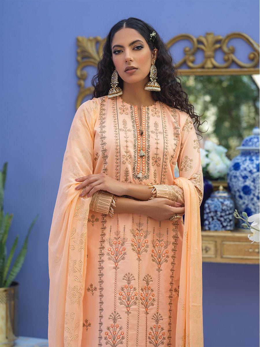 1 & Get 1 Free - Unstitched 3pc - Embroidered Lawn Suit With Mukesh Chiffon Dupatta - Oznur Vol.2 Article 303