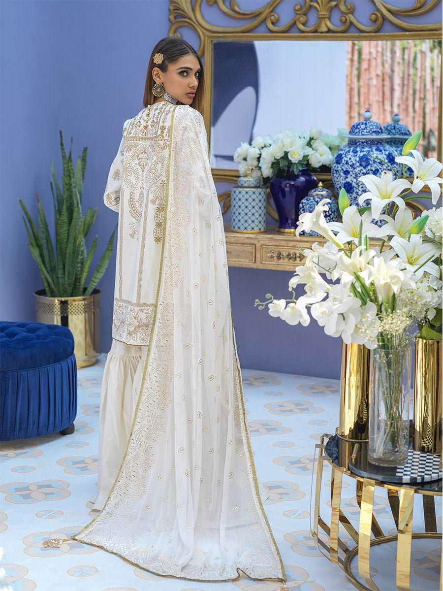 1 & Get 1 Free - Unstitched 3pc - Embroidered Lawn Suit With Mukesh Chiffon Dupatta - Oznur Vol.2 Article 304