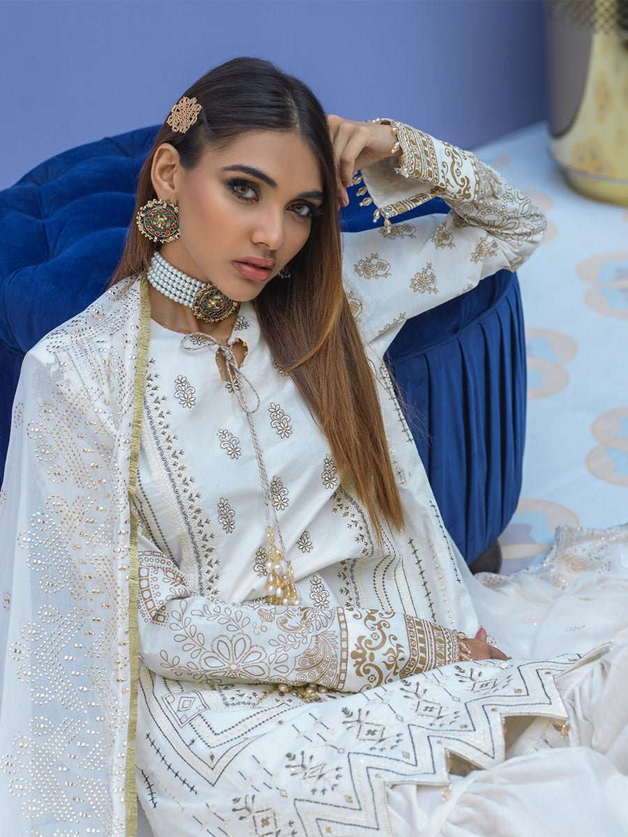 1 & Get 1 Free - Unstitched 3pc - Embroidered Lawn Suit With Mukesh Chiffon Dupatta - Oznur Vol.2 Article 304