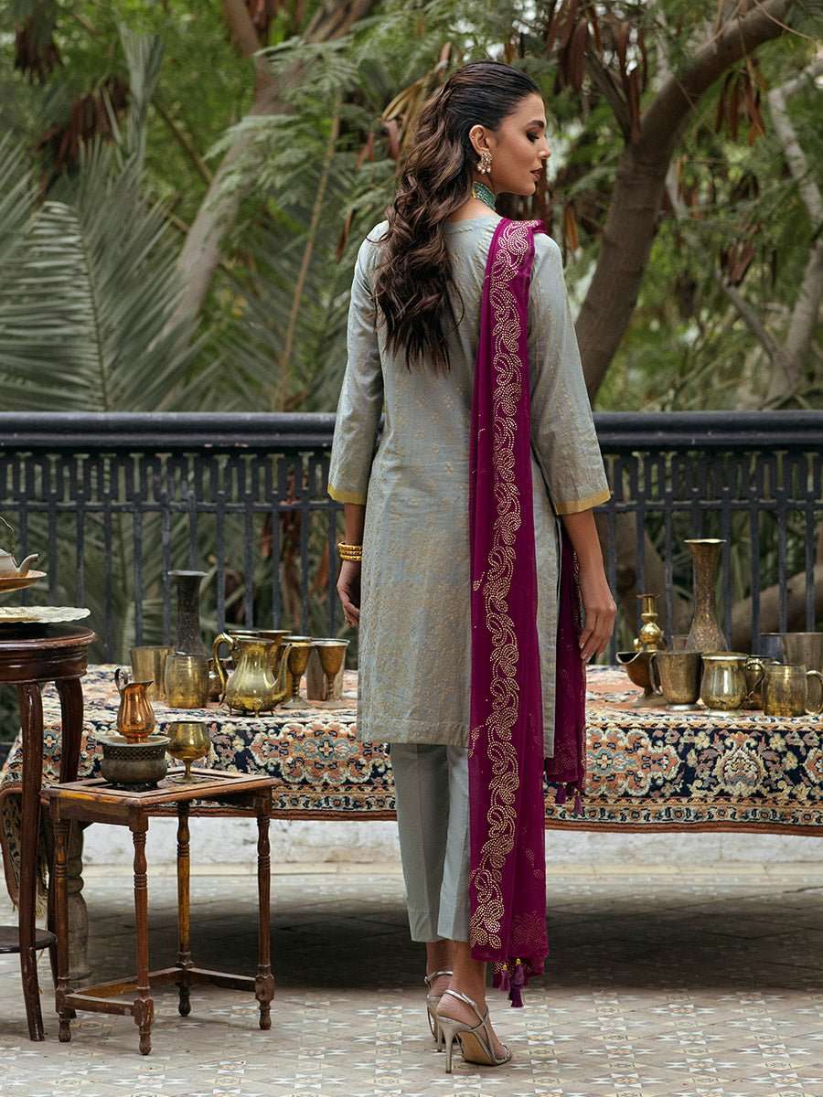 1 & Get 1 Free - Unstitched 3pc - Heavy Embroidered Shirt Front with Lawn Printed Back & Sleeves With Mukesh Chiffon Dupatta & Dyed Cambric Trouser- Oznur Mukesh Article 305