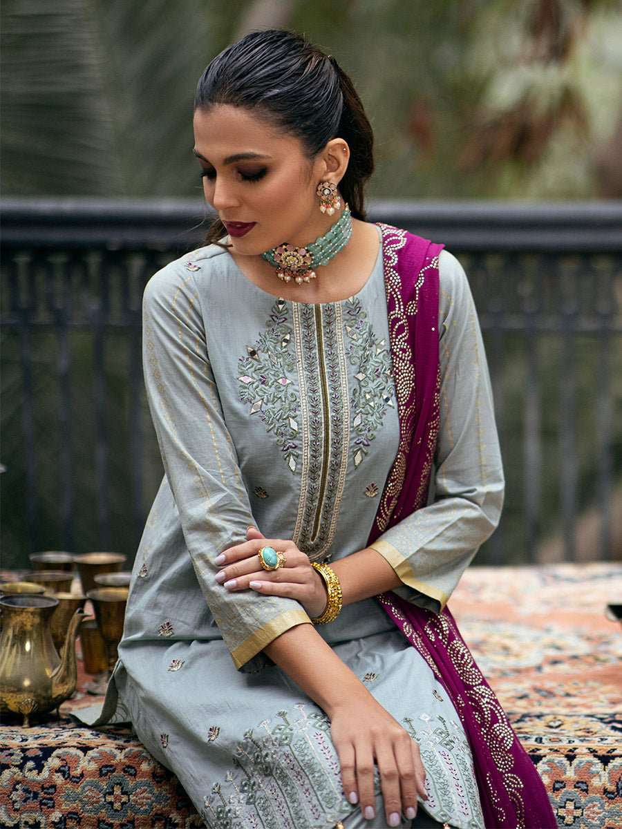 1 & Get 1 Free - Unstitched 3pc - Heavy Embroidered Shirt Front with Lawn Printed Back & Sleeves With Mukesh Chiffon Dupatta & Dyed Cambric Trouser- Oznur Mukesh Article 305