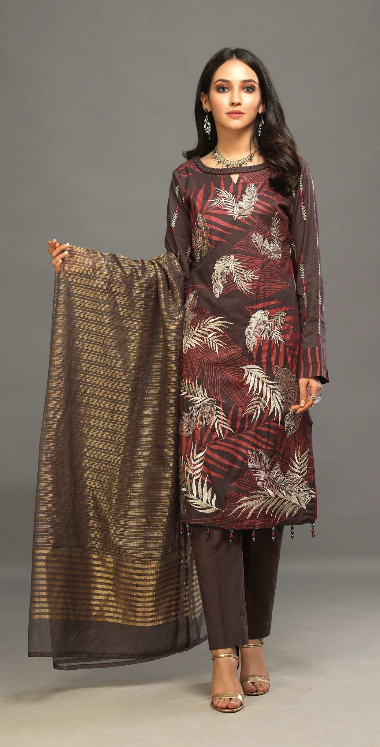 1 & Get 1 Free - Unstitched 3pc Printed Embroidered Lawn Shirt with Organza Lines Dupatta - Shades Article 309