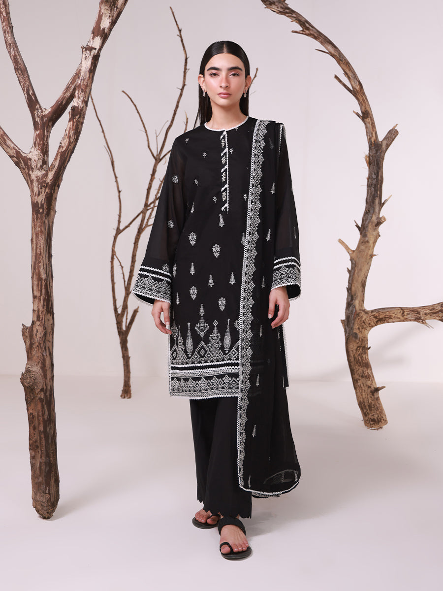 1 & Get 1 Free - MONOCHROME EMBROIDERED LAWN SILK SUIT