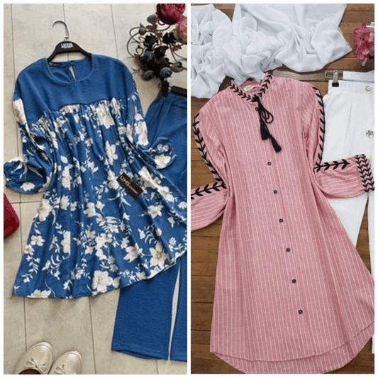 Chic Pack of 2 Women's Casual Summer Suit Set – Premium Stitched Kurti & Trousers | 50% Off Summer Sale | Item No. 986499