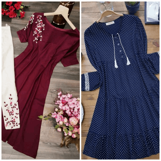 Chic Pack of 2 Women's Casual Summer Suit Set – Premium Stitched Kurti & Trousers | 50% Off Summer Sale | Item No. 986502