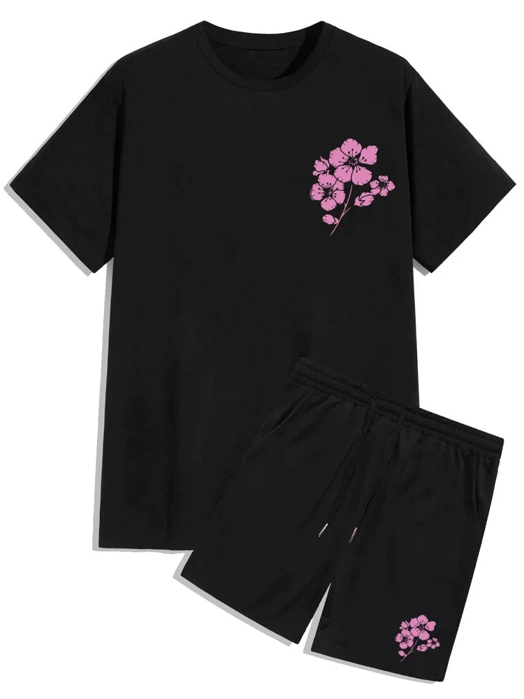 Mens Summer Shorts + T-Shirt Set - SS74 - Black Black