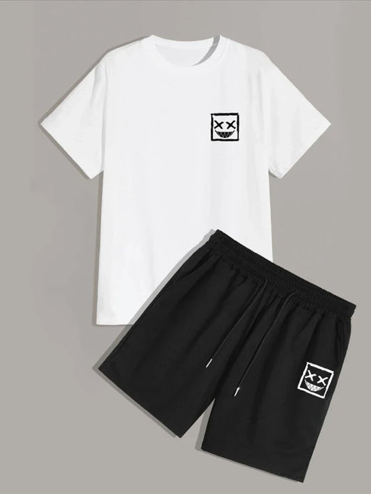Mens Summer Shorts + T-Shirt Set - SS49 - White Black