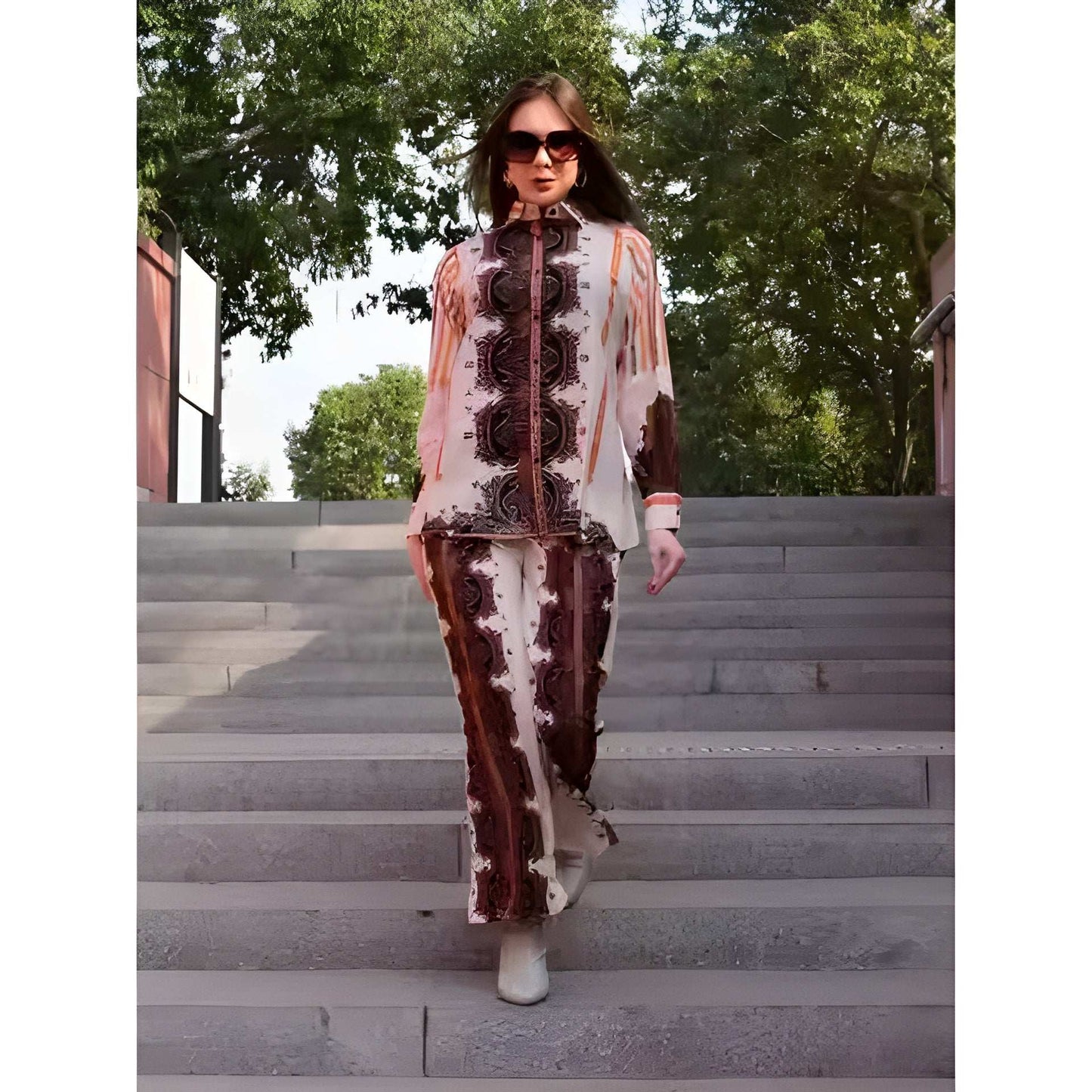 Buy 1 Get 1 Free - Chic Casual Floral Print Coord Two-Piece Set with Pants | Western Style Cotton Summer Suit 76393 (40% Off Super Summer Sale!