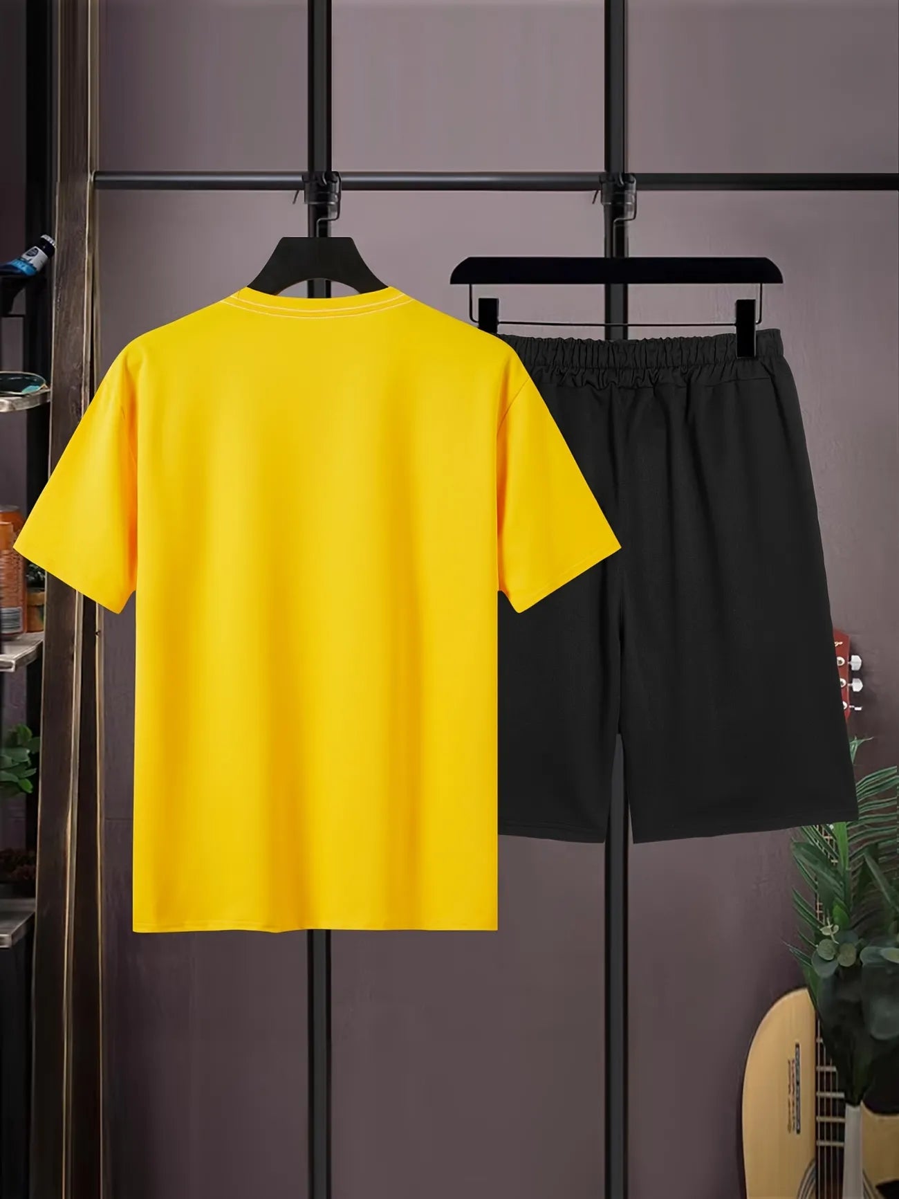 Mens Summer Shorts + T-Shirt Set - SS166 - Yellow Black