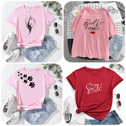 Pack of 4 Trendy Graphic Printed T-Shirts for Women – Stylish & Comfortable Summer Wear - 73663
