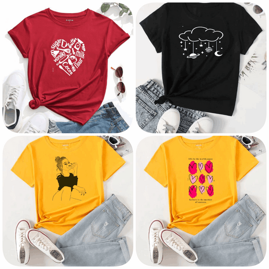Pack of 4 Trendy Graphic Printed T-Shirts for Women – Stylish & Comfortable Summer Wear - 73662
