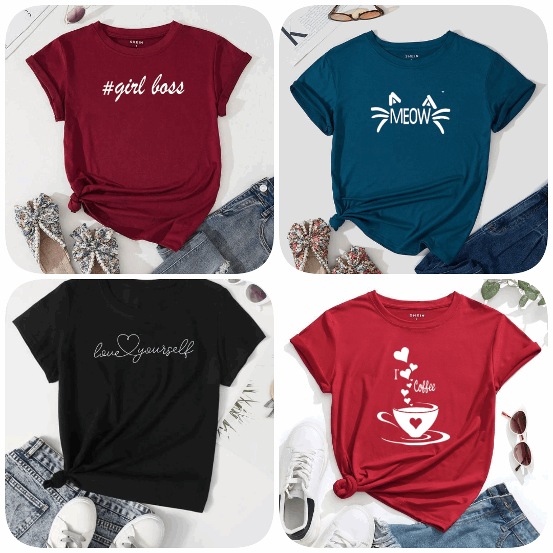 Pack of 4 Trendy Graphic Printed T-Shirts for Women – Stylish & Comfortable Summer Wear - 73659