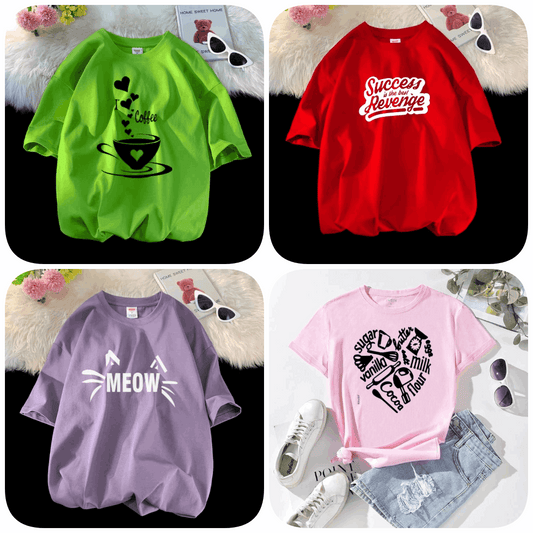 Pack of 4 Trendy Graphic Printed T-Shirts for Women – Stylish & Comfortable Summer Wear - 73656