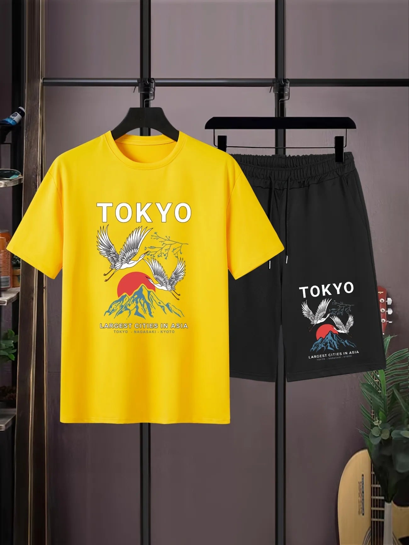 Mens Summer Shorts + T-Shirt Set - SS167 - Yellow Black