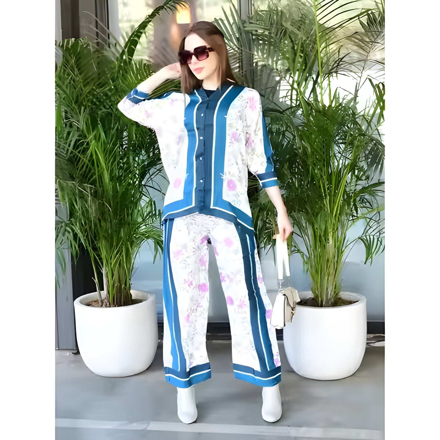 Buy 1 Get 1 Free - Chic Casual Floral Print Coord Two-Piece Set with Pants | Western Style Cotton Summer Suit 76384 (40% Off Super Summer Sale!