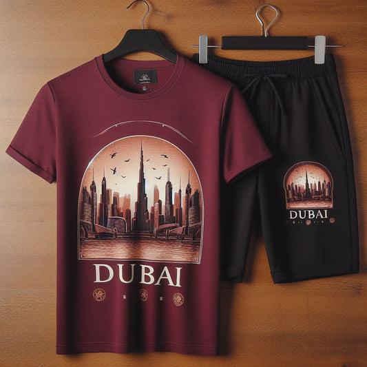 Mens Summer Shorts + T-Shirt Set - SS182 - Maroon Black