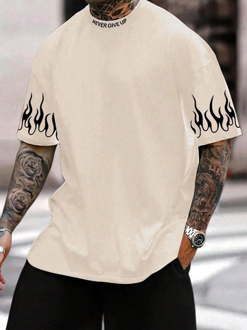 Men's Loose Fit Drop Shoulder With Slogan And Flame Print.