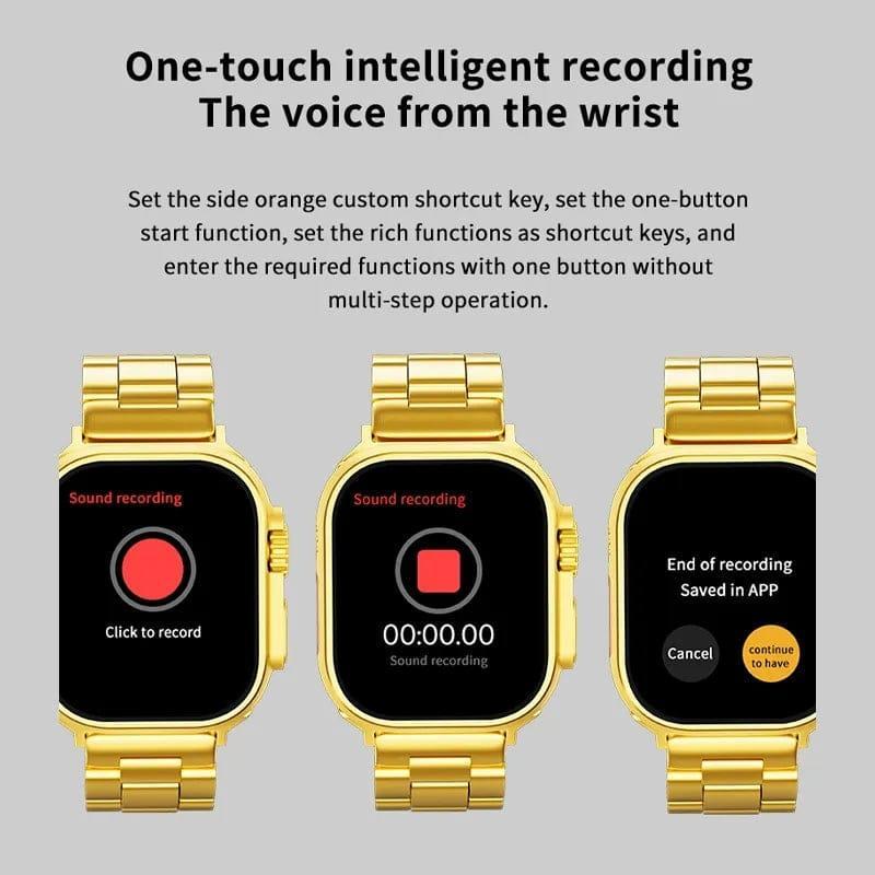 Luxury Smart Watch with Bluetooth Calling, Voice Recording, Health Tracking & Gold Metal Strap – Unisex Stylish Touch Screen Watch for Android & iOS