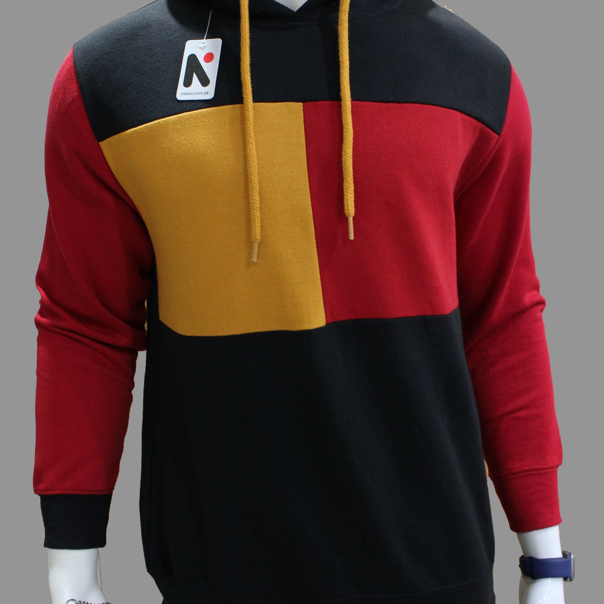 Three Tone Hoodie Pullover With Red Sleeves