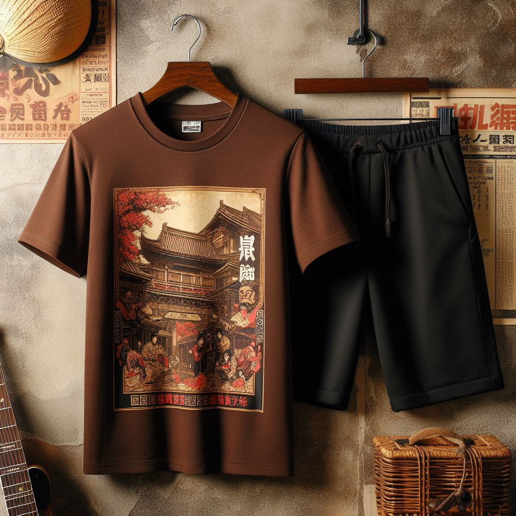 Mens Summer Shorts + T-Shirt Set - SS190 - Brown Black