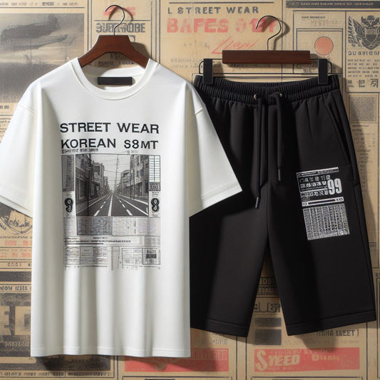Mens Summer Shorts + T-Shirt Set - SS188 - White Black