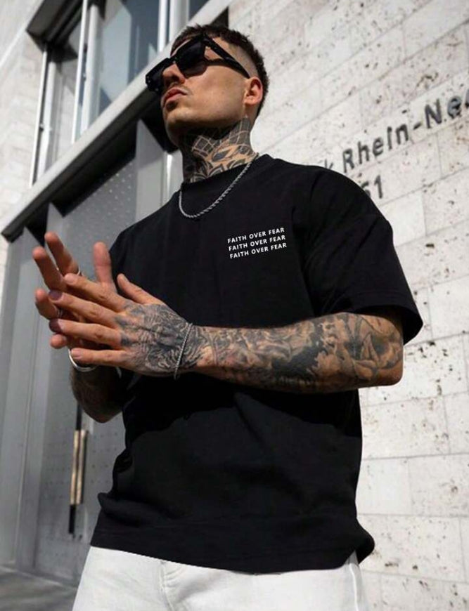 Men's Faith Over Fear Letter Printed Round Neck Drop Shoulder.