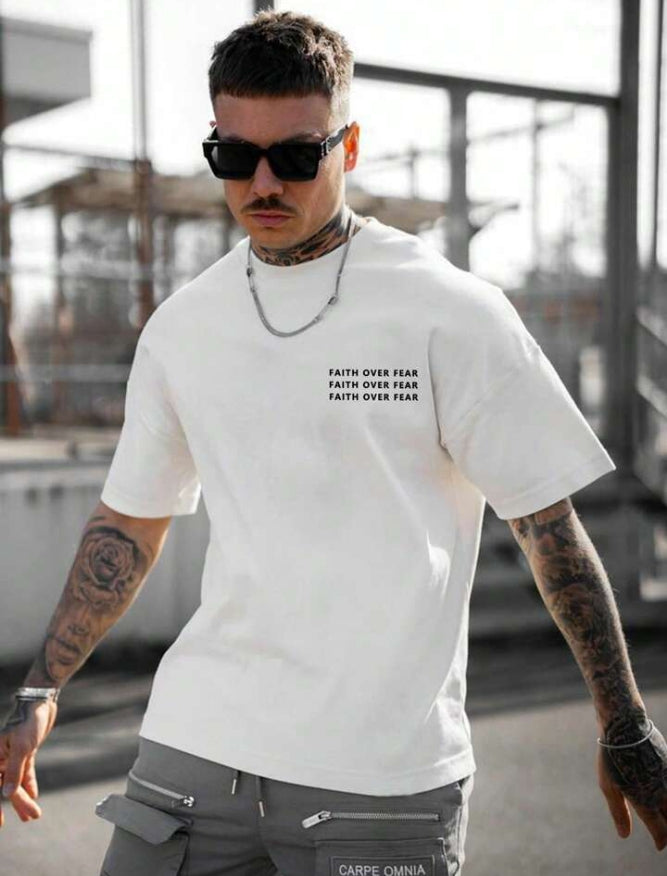 Men's Faith Over Fear Letter Printed Round Neck Drop Shoulder.