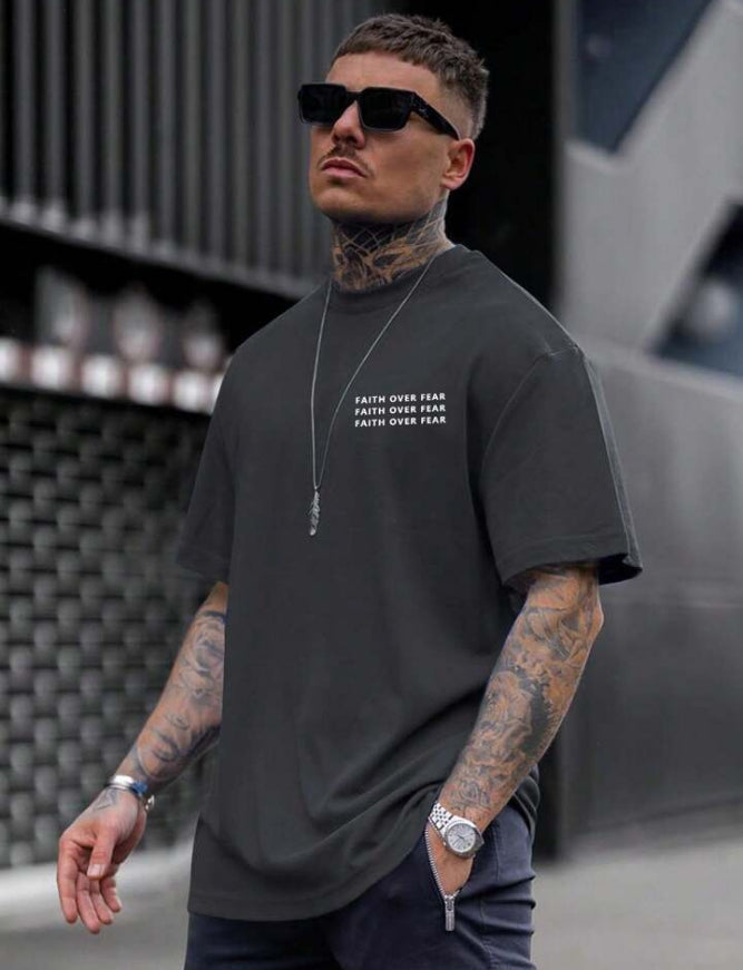 Men's Faith Over Fear Letter Printed Round Neck Drop Shoulder.