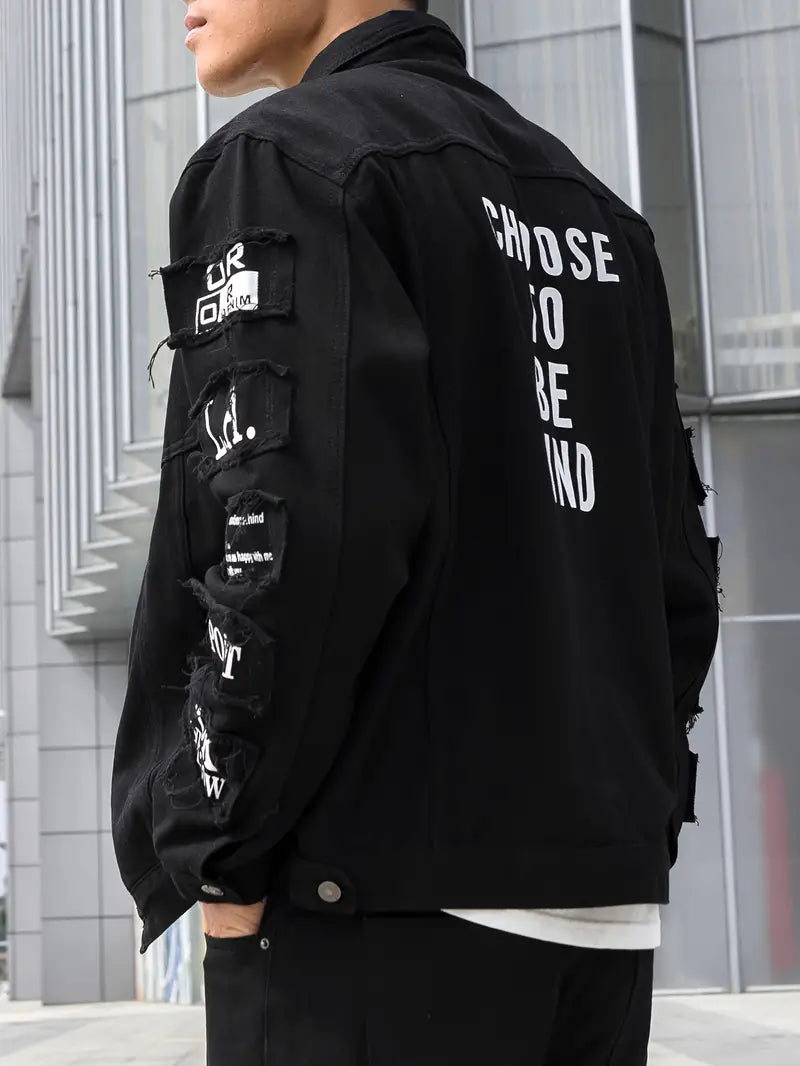 Men's Slogan Graphics Flap Pocket Denim Jacket